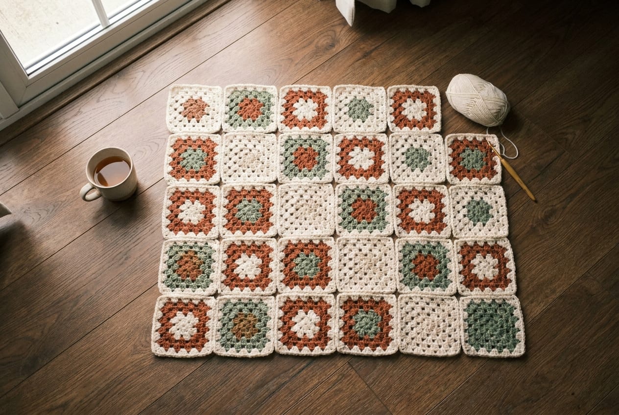 Many finished granny squares laid out in a neat grid on a wooden floor, ready to be joined into a blanket.