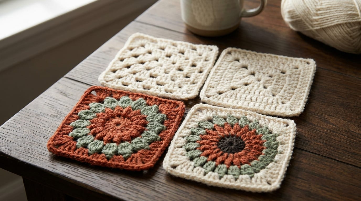 A varied collection of crocheted granny squares, classic, solid, flower, and sunburst, laid out together on a warm oak table in soft window light.