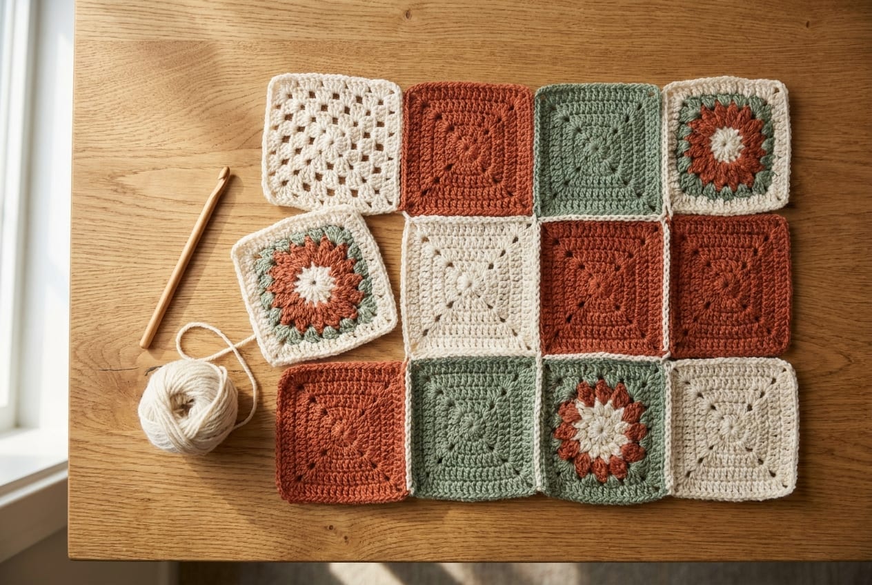 A flat-lay of crocheted granny squares being arranged into a grid for a blanket on a warm oak table.
