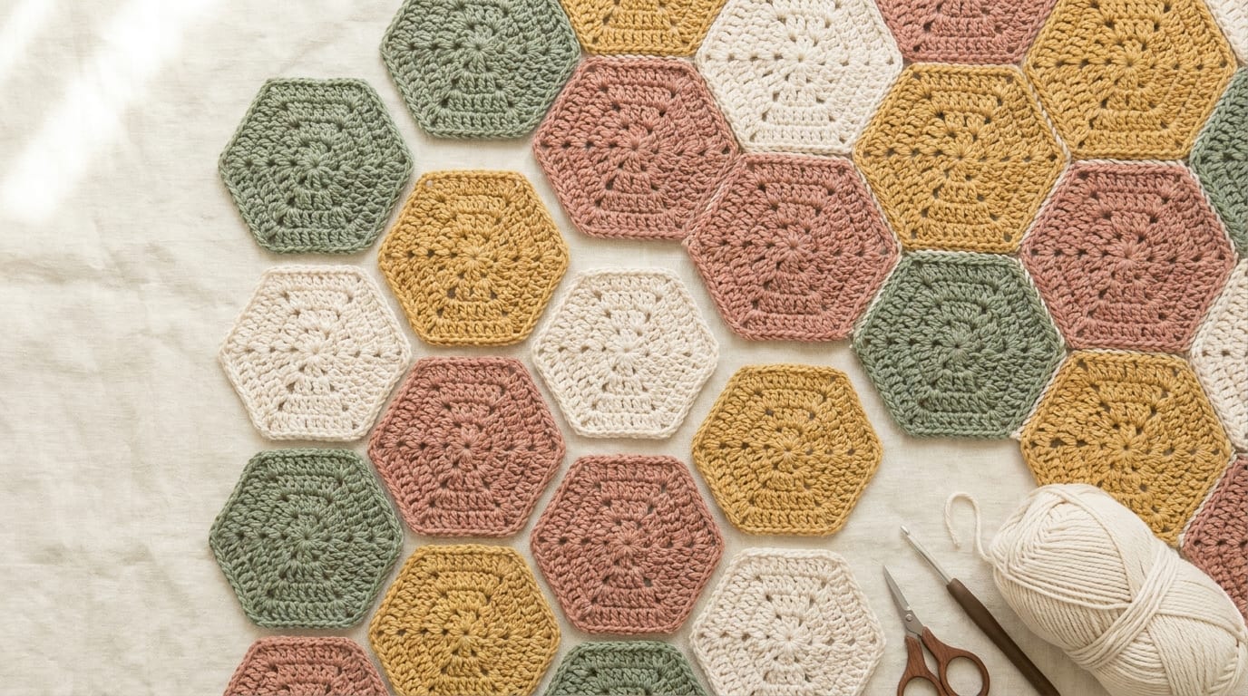 A honeycomb arrangement of colorful crocheted hexagon granny squares in muted tones on a cream linen background.