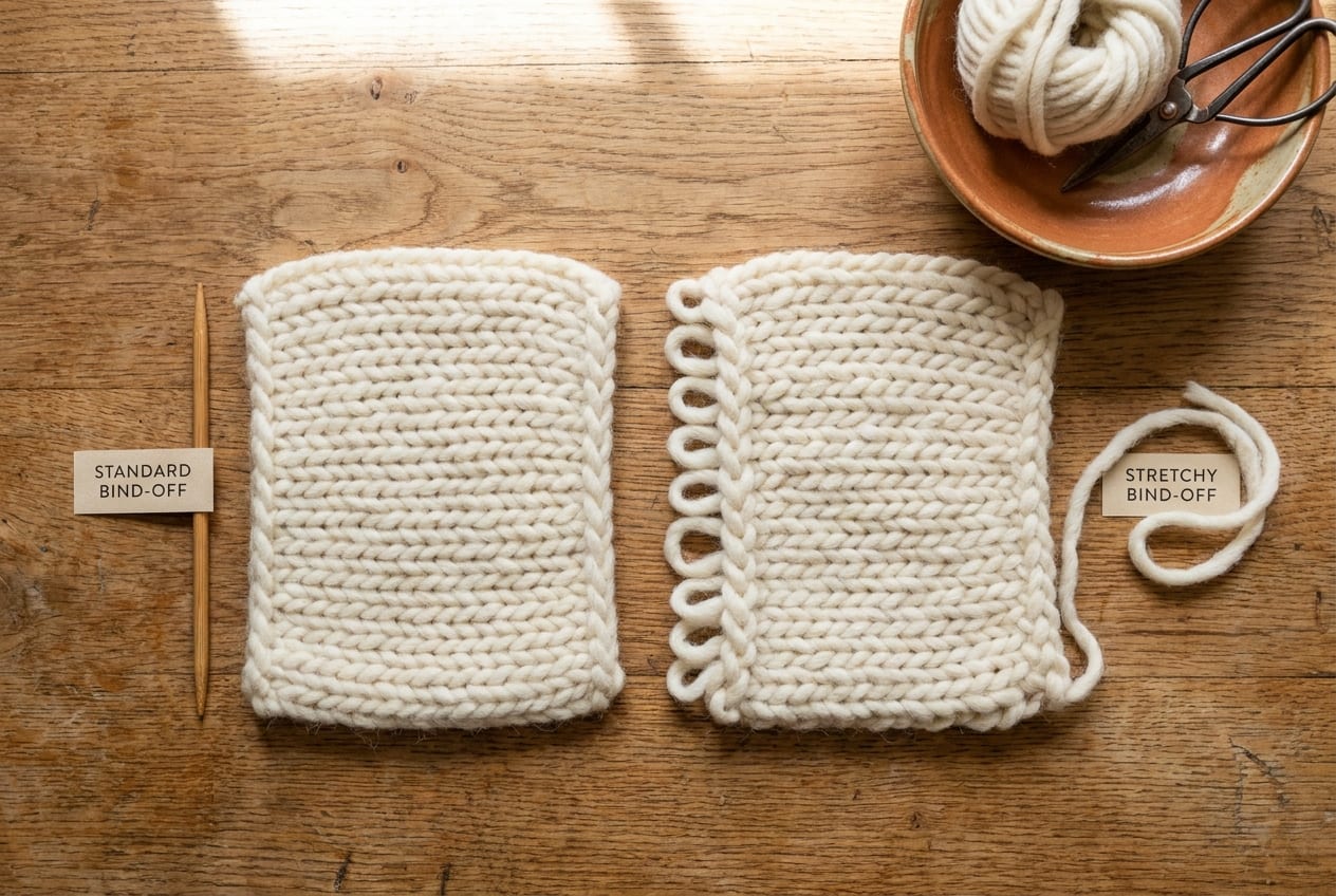 Two bound-off edges side by side on cream swatches, one firm and one visibly more open and stretchy.