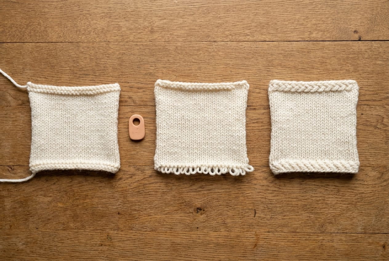 Three swatches showing the bottom edges of long-tail, knitted, and cable cast ons in cream yarn side by side.