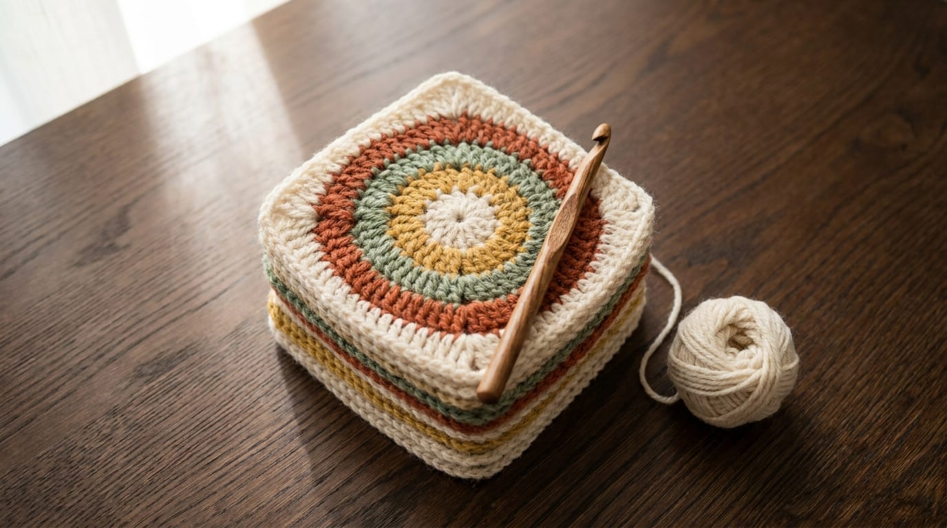A neat stack of finished colorful crochet granny squares with a wooden hook and a ball of yarn resting on a warm oak table.