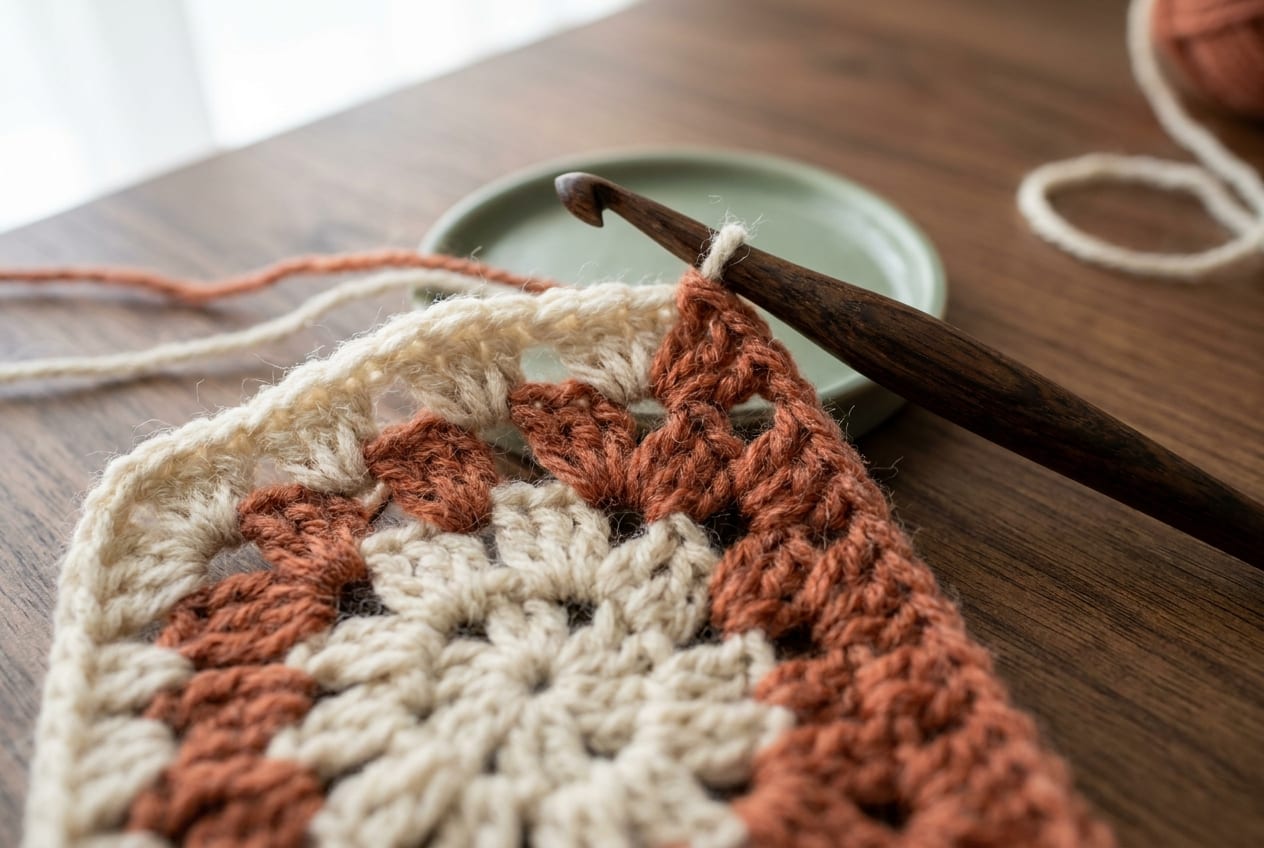 A single granny square in progress on a wooden hook, showing the clusters of three double crochet and the open chain-spaces at the corners.