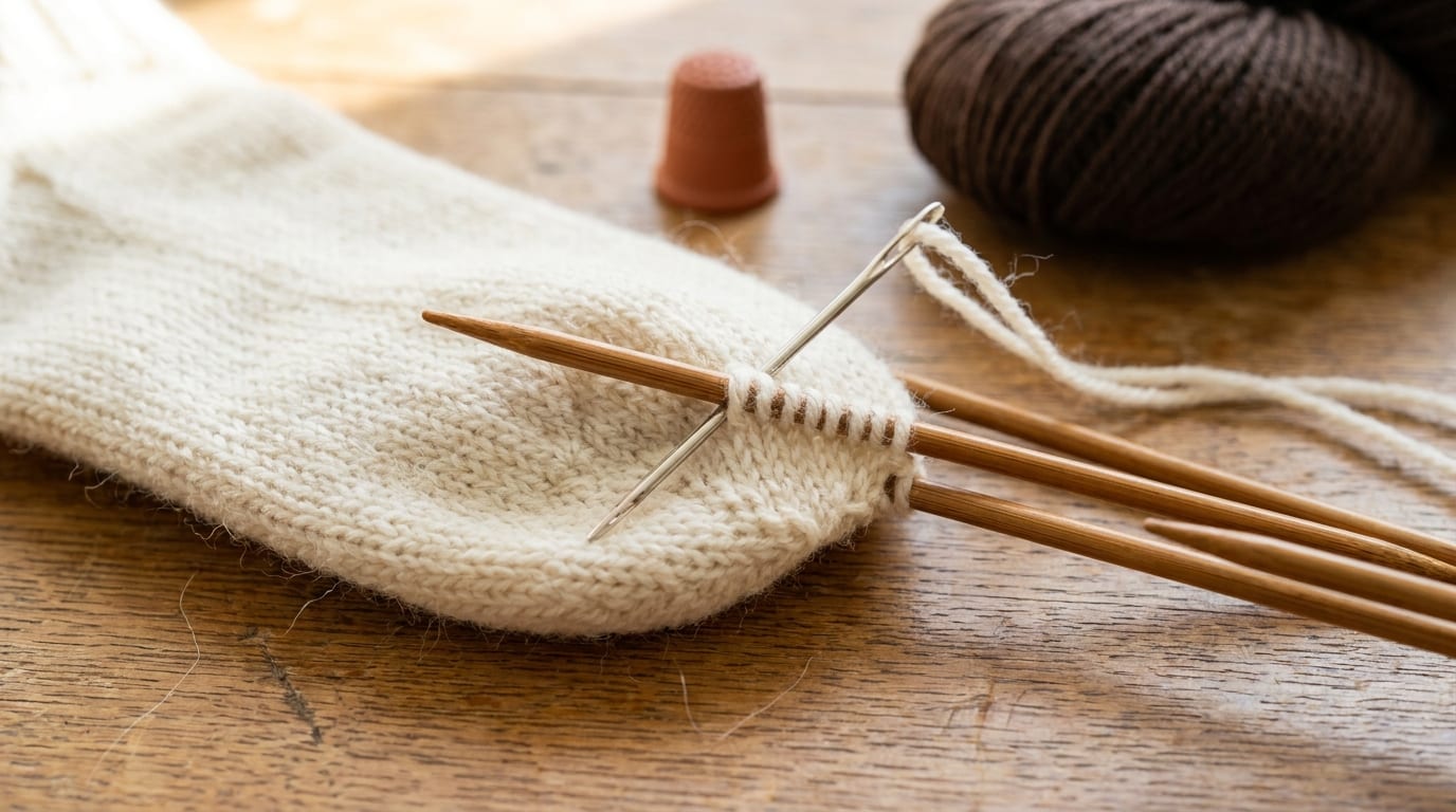 Close-up of a sock toe being grafted with a tapestry needle and cream yarn on a warm oak table.