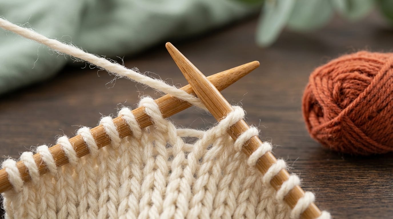 Close-up of the knit stitch being formed on two wooden needles in cream yarn, the new loop pulling through the old stitch, on a warm oak table.