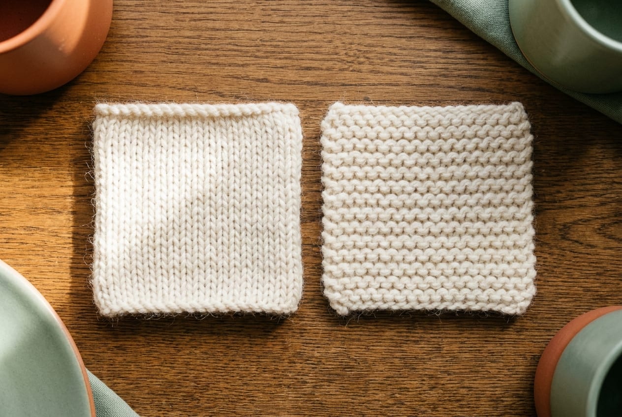 A smooth stockinette swatch of V-shaped columns beside a ridged garter swatch, both in cream wool on warm oak wood.