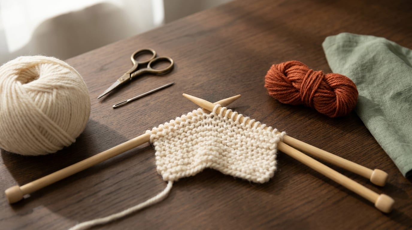 A pair of wooden knitting needles holding a few rows of cream garter-stitch knitting, with a ball of cream yarn resting on a warm oak table.