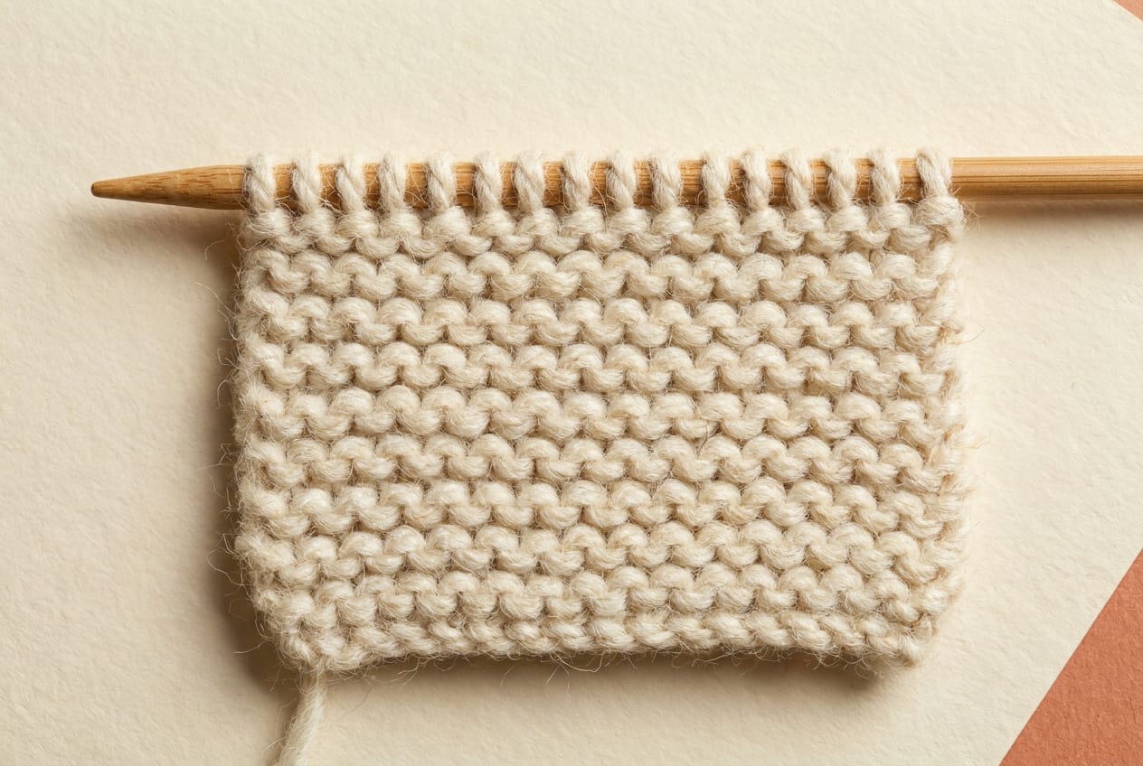 A hands-free close-up of cream garter-stitch knitting on a wooden needle, showing the bumpy horizontal ridges of the fabric.
