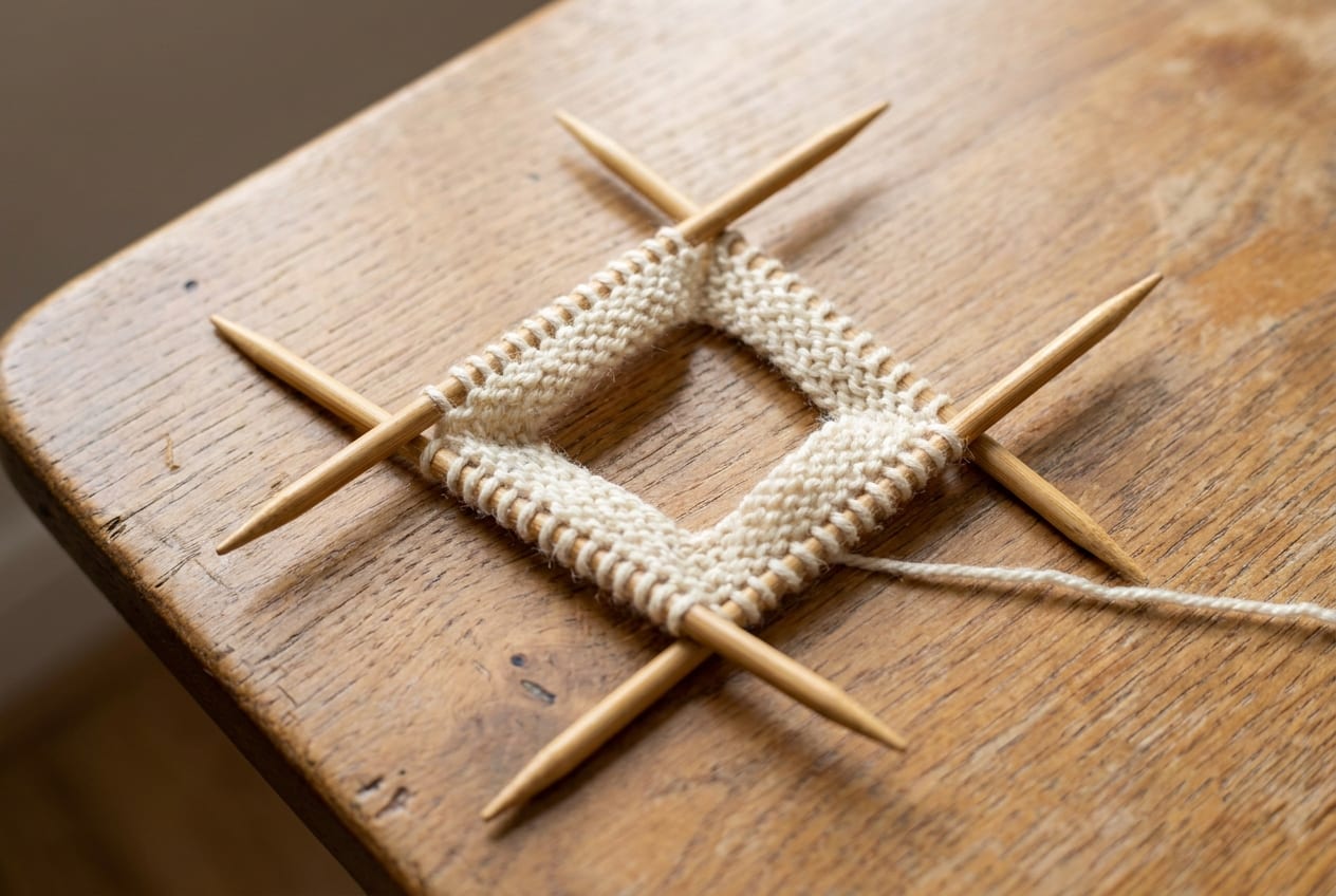 A set of four double-pointed needles holding cream sock yarn arranged in a square with a round of knitting beginning to form.