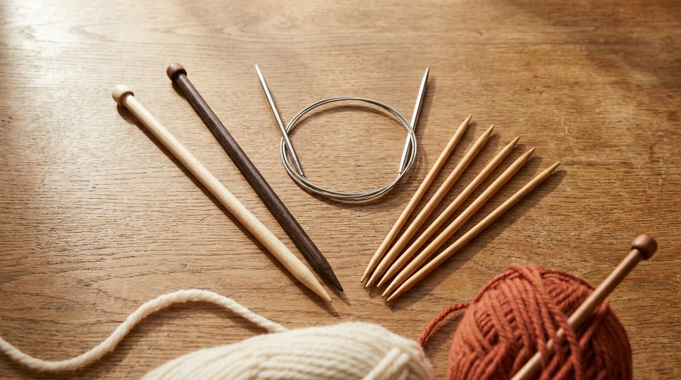 An array of different knitting needles fanned out on a warm oak table: a pair of wooden straight needles, a coiled metal circular needle, and a set of bamboo double-pointed needles.