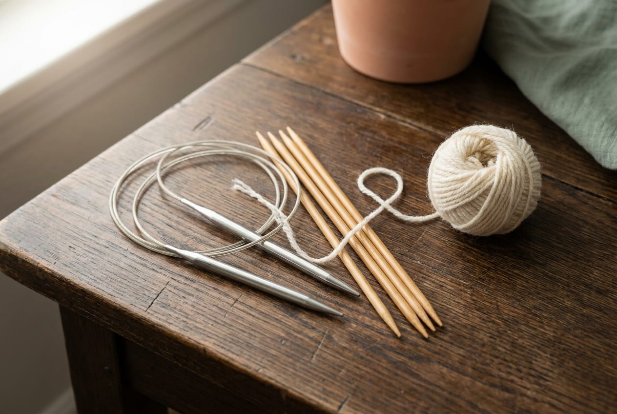 A close-up of a metal circular needle and a set of bamboo double-pointed needles resting beside a small ball of cream yarn on warm oak.