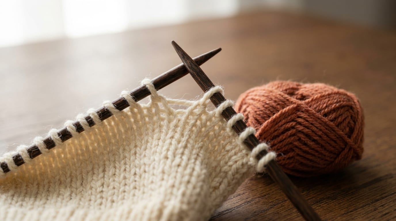 Close-up of knitting needles lifting the bar between two stitches to make an increase, on cream wool on a warm oak table.