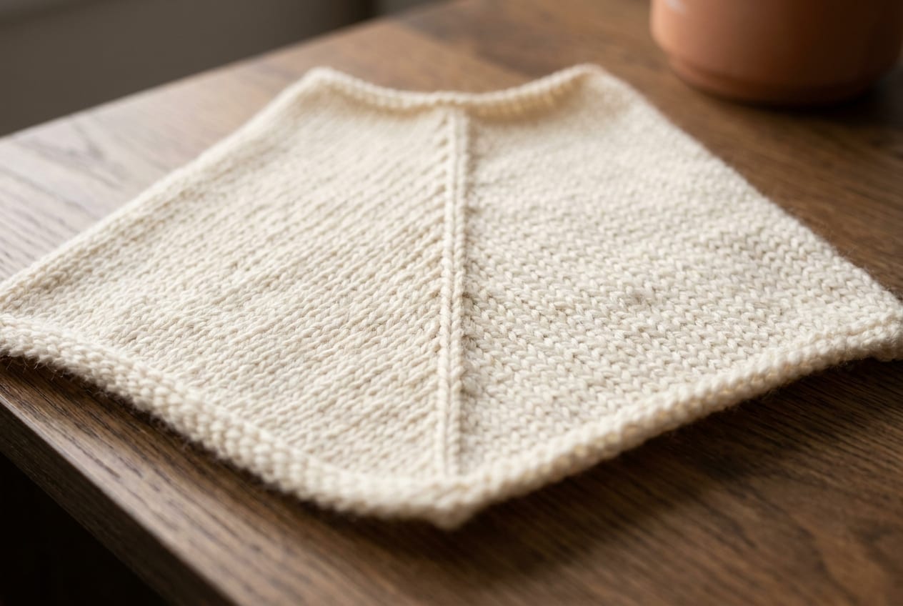 A cream knitted swatch showing two mirrored lines of increases widening outward from a central column.
