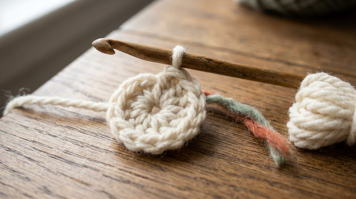 A close-up of a magic ring loop with a wooden crochet hook and the first few single crochet stitches worked into it on a warm oak table.