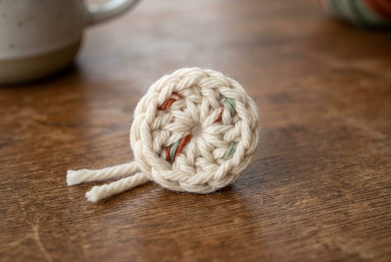 A magic ring cinched closed into a neat center, the first round of single crochet stitches drawn tight with no hole in the middle.