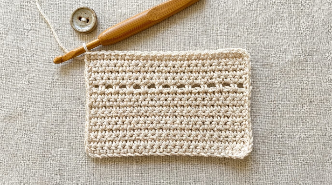 A small crochet swatch in natural cotton showing the woven grid texture of the moss stitch, resting on a linen cloth next to a wooden hook.