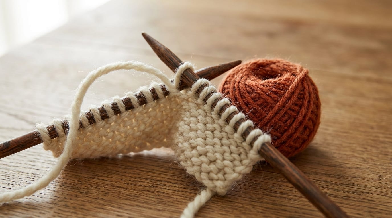 Close-up of wooden knitting needles working a purl stitch on cream wool, the soft bumps of the purl side facing up, on a warm oak table.