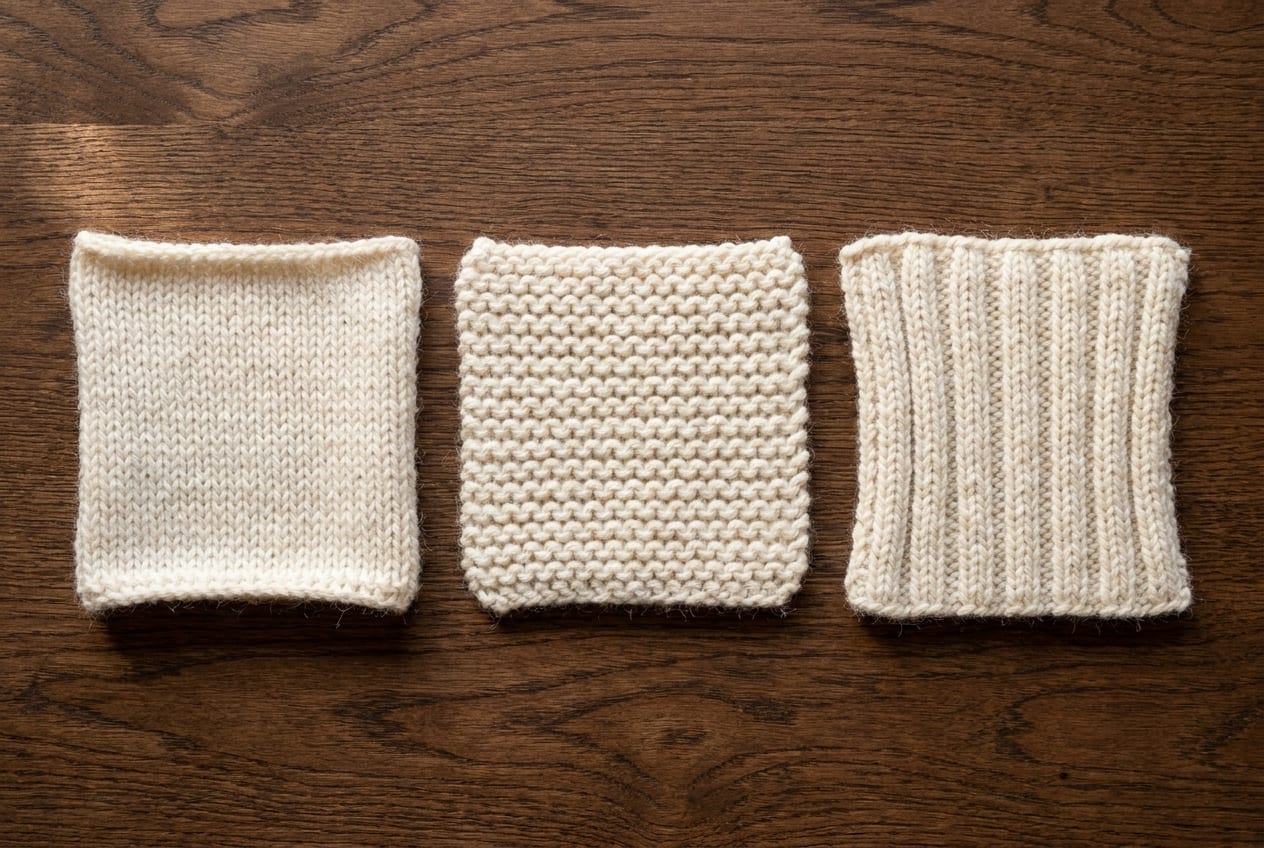 Three small cream knitted swatches side by side showing stockinette, garter, and ribbing textures.
