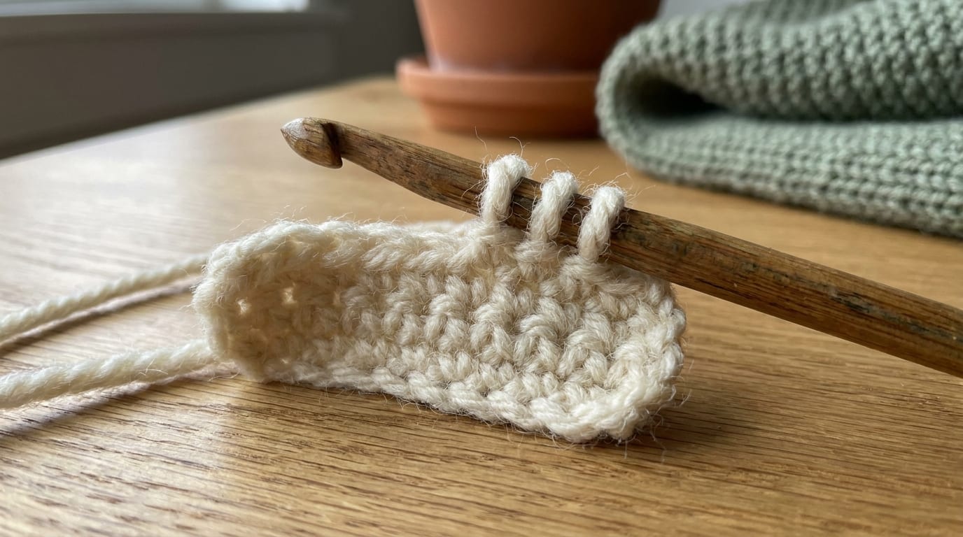 A close-up of a wooden crochet hook mid-decrease with several loops of cream yarn gathered on the shaft, worked into a piece on a warm oak table.