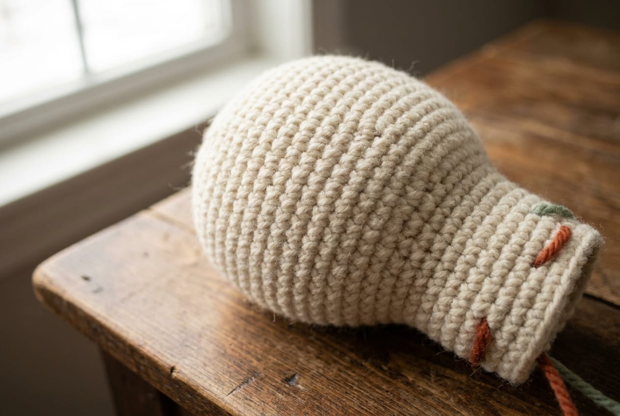 The smooth decreased fabric of a cream amigurumi piece curving inward, the stitches drawing together as the rounds reduce.