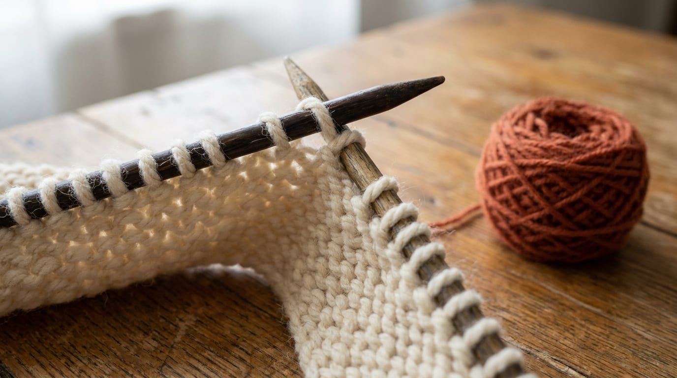 Close-up of wooden knitting needles working a purl-row decrease on cream wool, with terracotta yarn on a warm oak table.