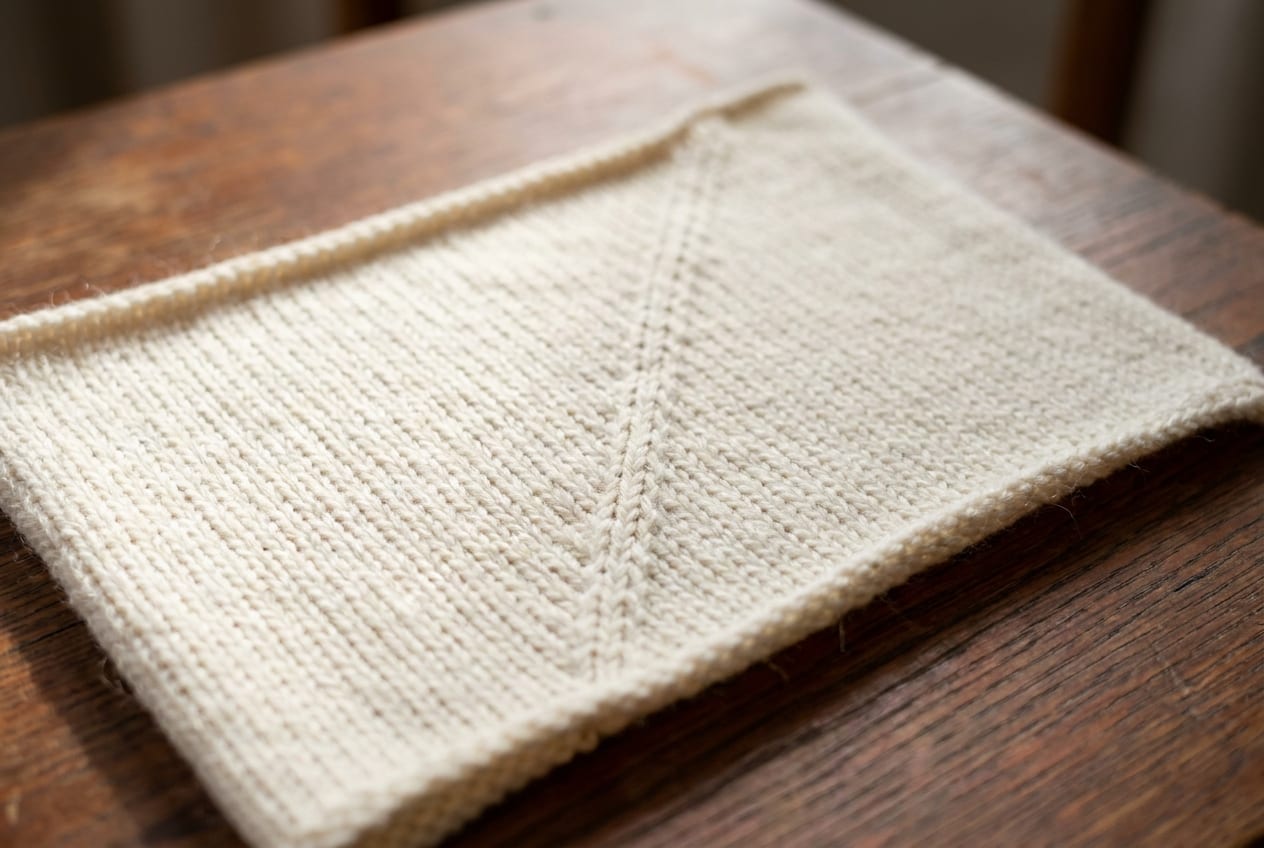 A cream knitted swatch viewed from the right side showing matched left-leaning decreases that continue cleanly across knit and purl rows.