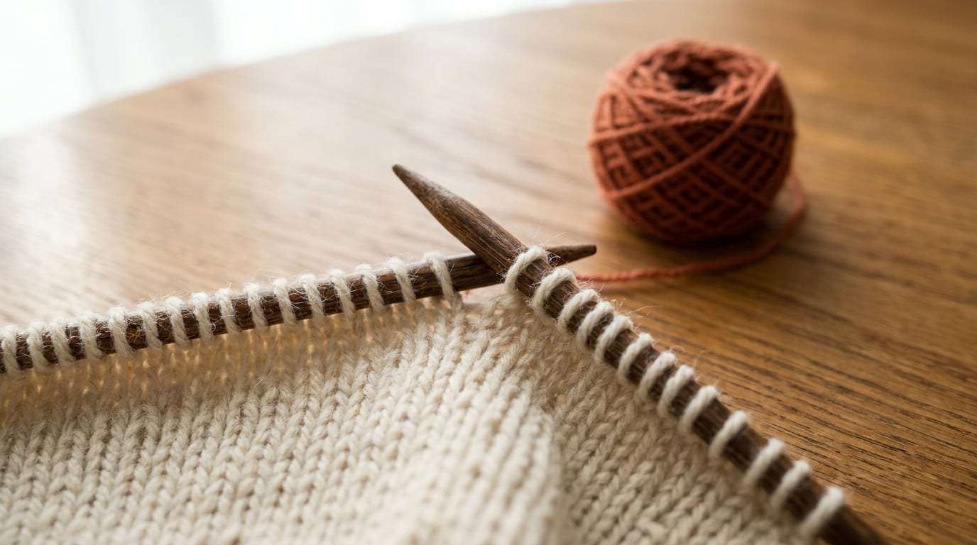 Close-up of two wooden knitting needles mid-decrease on cream wool, with a small ball of terracotta yarn resting on a warm oak table.
