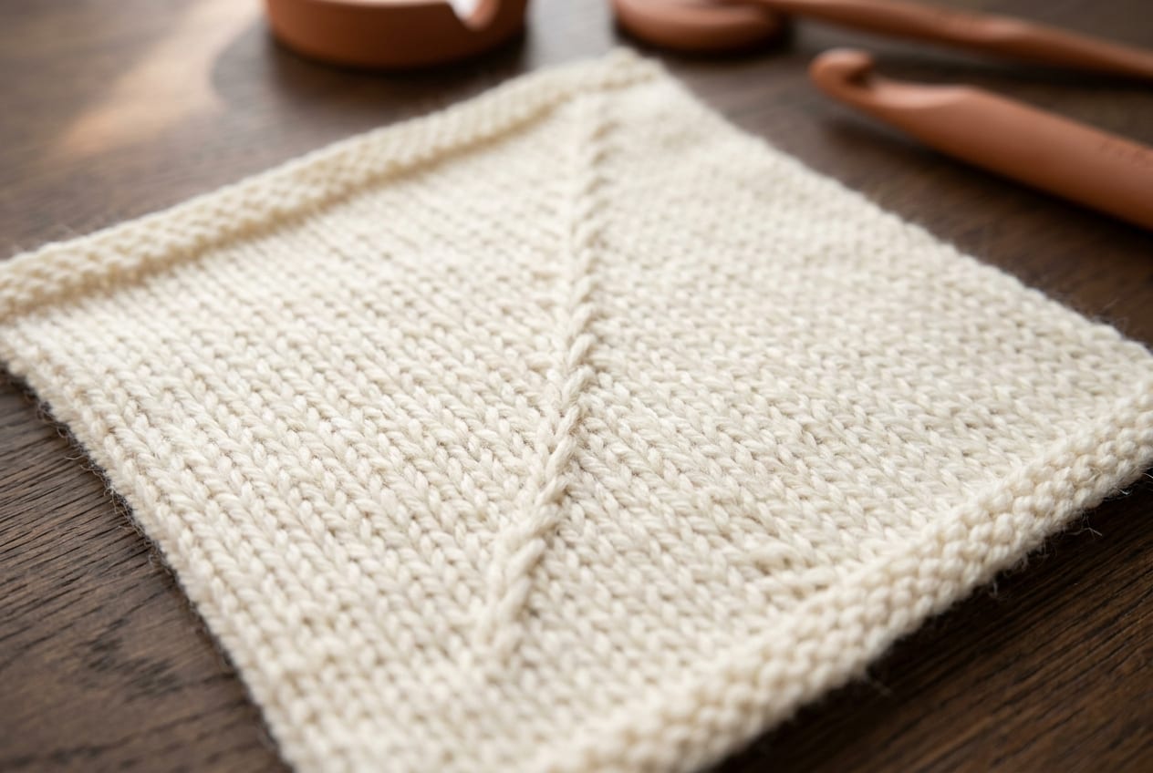 A finished cream knitted swatch showing a column of neat left-leaning decreases forming a diagonal line.