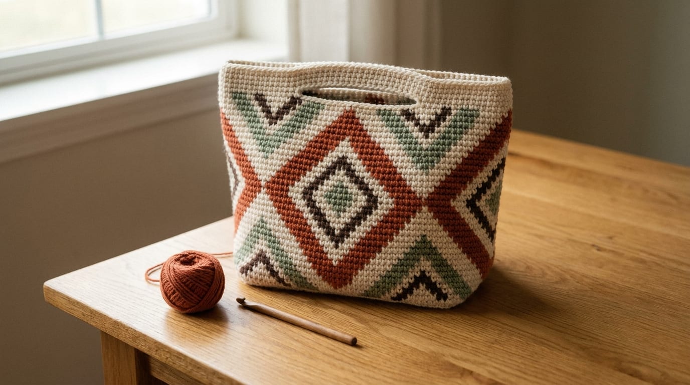 A tapestry crochet bag worked in cream and terracotta single crochet showing a bold geometric diamond design, resting on a warm oak table.