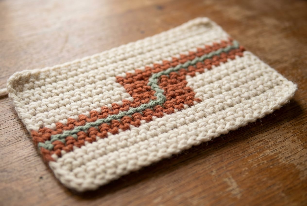 A flat tapestry crochet swatch in cream and terracotta single crochet showing a geometric stepped pattern, laid on warm oak wood.
