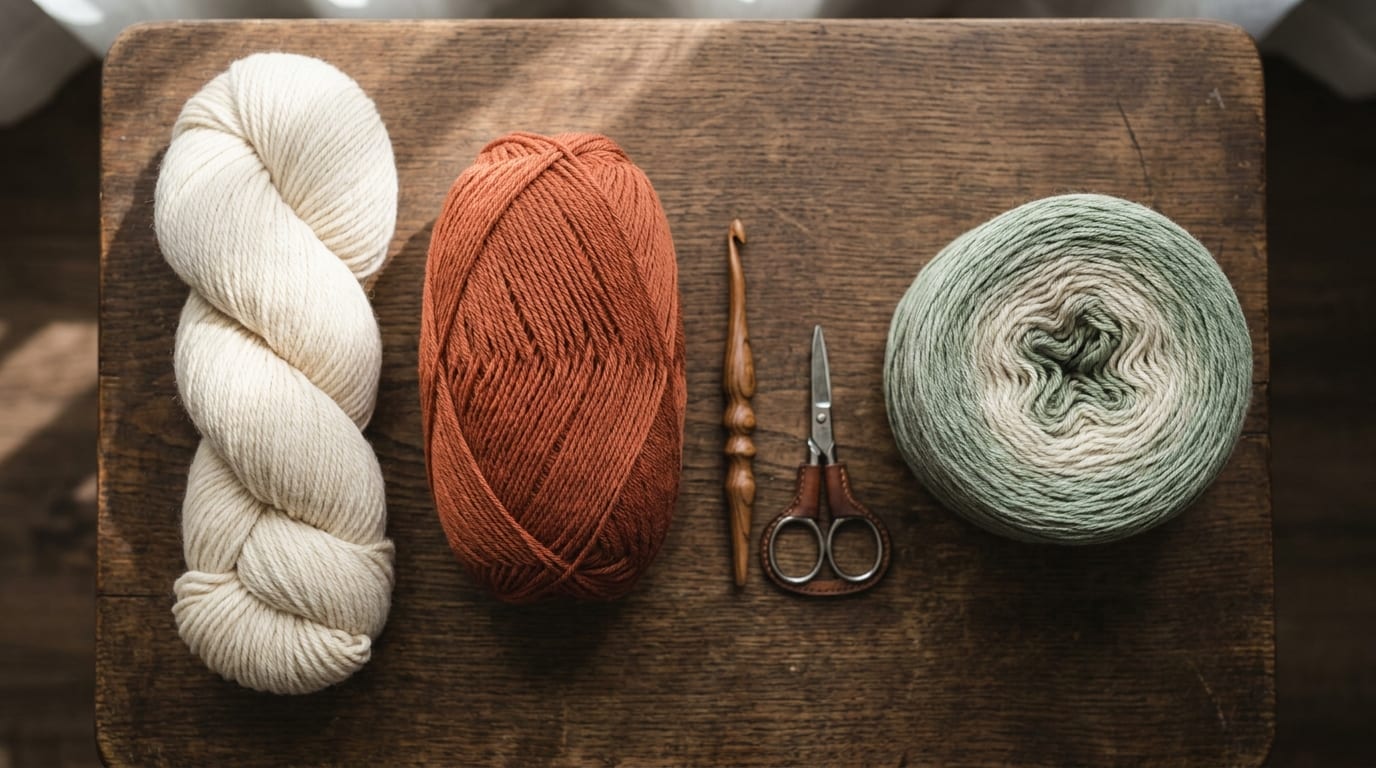 Three yarn put-ups side by side on a warm oak table: a twisted hank, an oval center-pull skein, and a flat-bottomed cake.