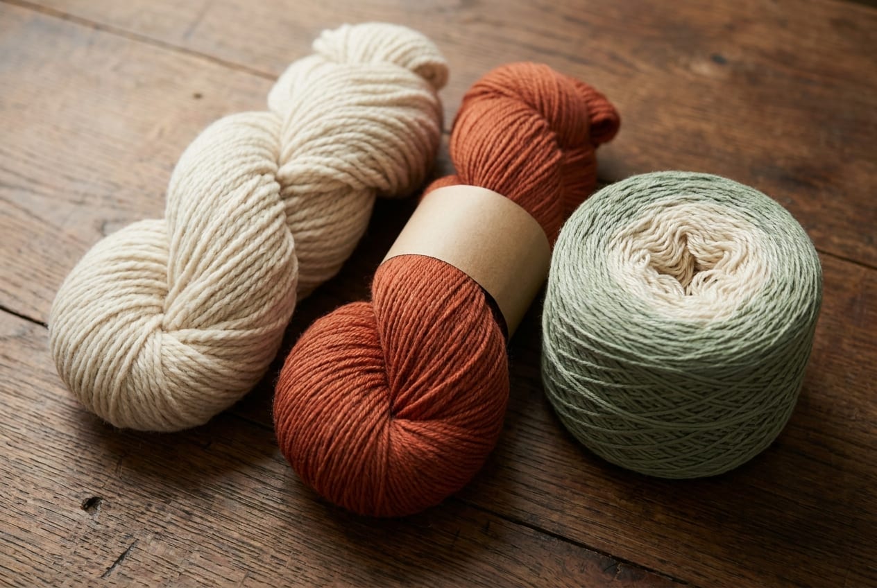 Close-up comparison of a twisted hank, a center-pull skein with its paper label, and a flat-bottomed cake on warm oak.