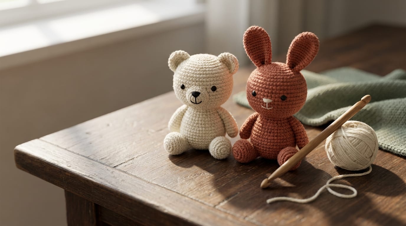 A small crocheted bear and bunny sitting together on a warm oak table beside a wooden hook and a ball of cream yarn.