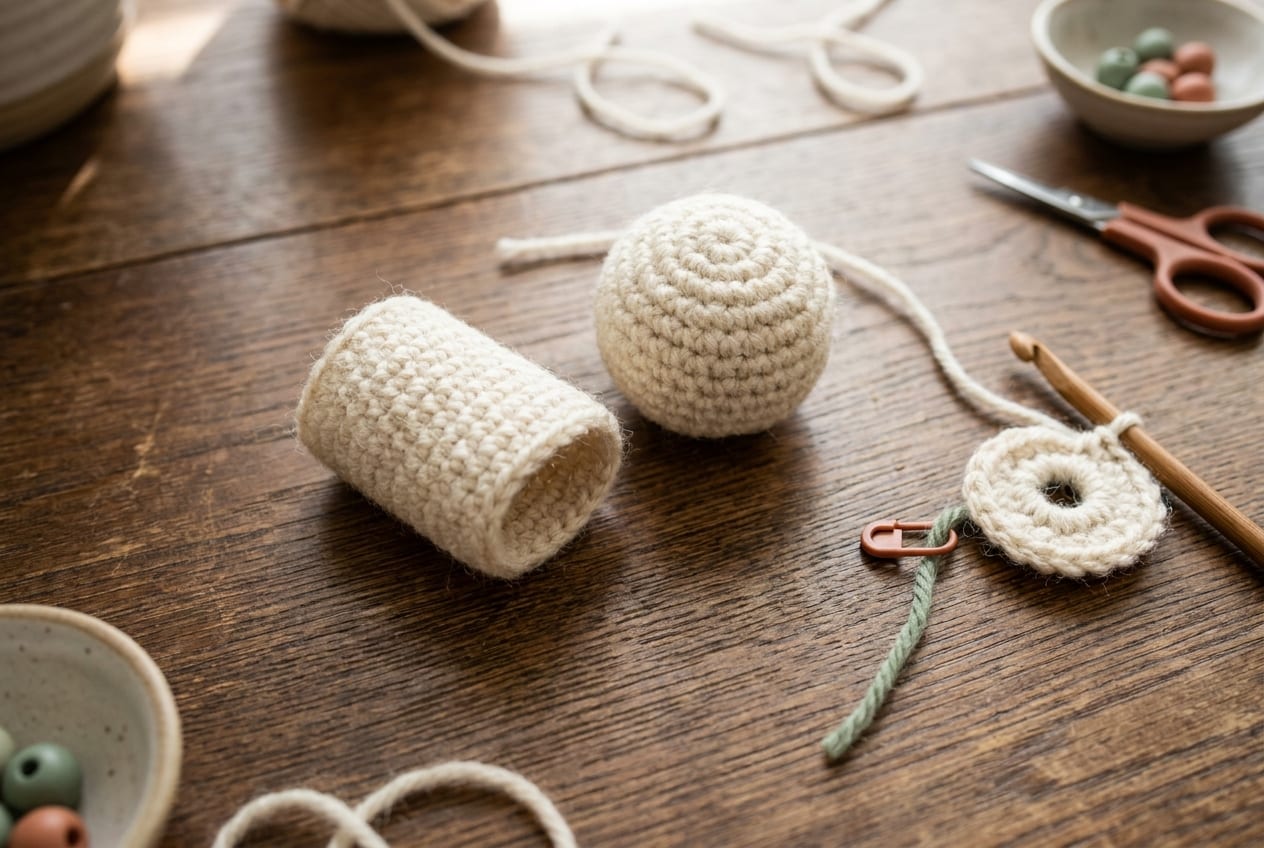 A crocheted ball shape and a crocheted tube shape resting beside a magic ring start and a stitch marker on a warm oak table.