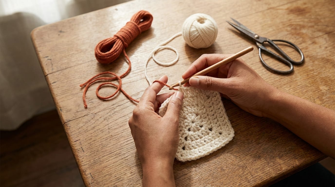 A pair of hands gently holding a wooden crochet hook with a half-completed cream square, terracotta yarn coiled on a warm oak table beside a small ball of cream wool.