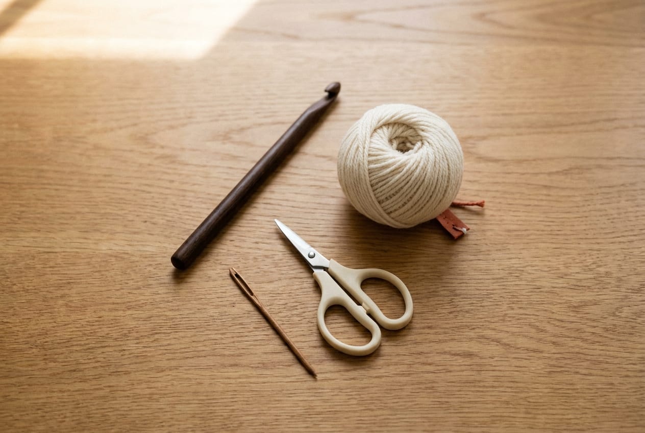 A starter crochet set arranged on warm oak: a wooden hook, a small ball of cream worsted yarn, a pair of small scissors, and a yarn needle.
