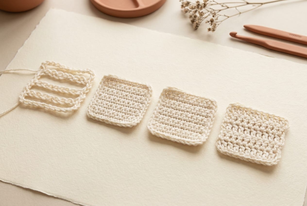 Four labeled close-up swatches of the foundation crochet stitches (chain, slip stitch, single crochet, double crochet) arranged in a row on cream paper.