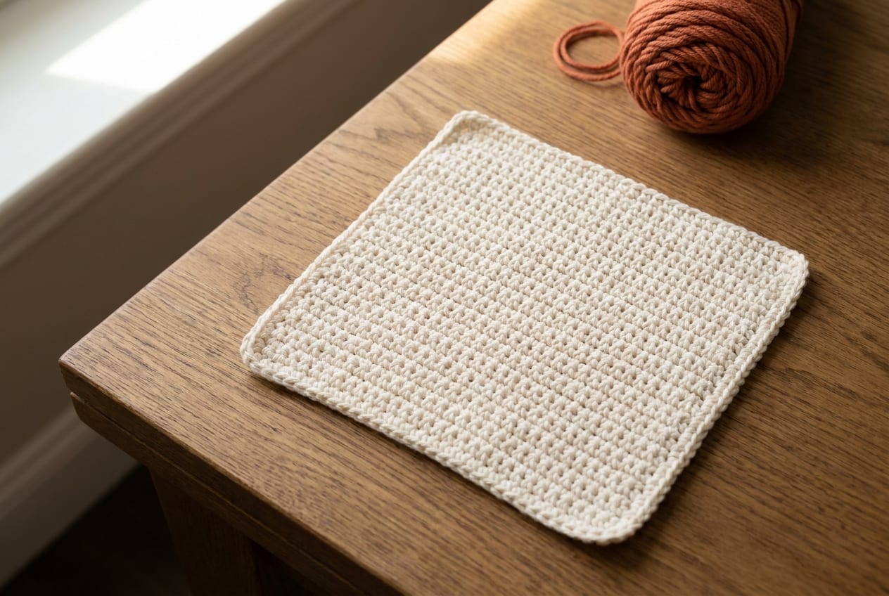 A finished cream cotton crochet dishcloth resting on a warm oak table with a small terracotta accent.