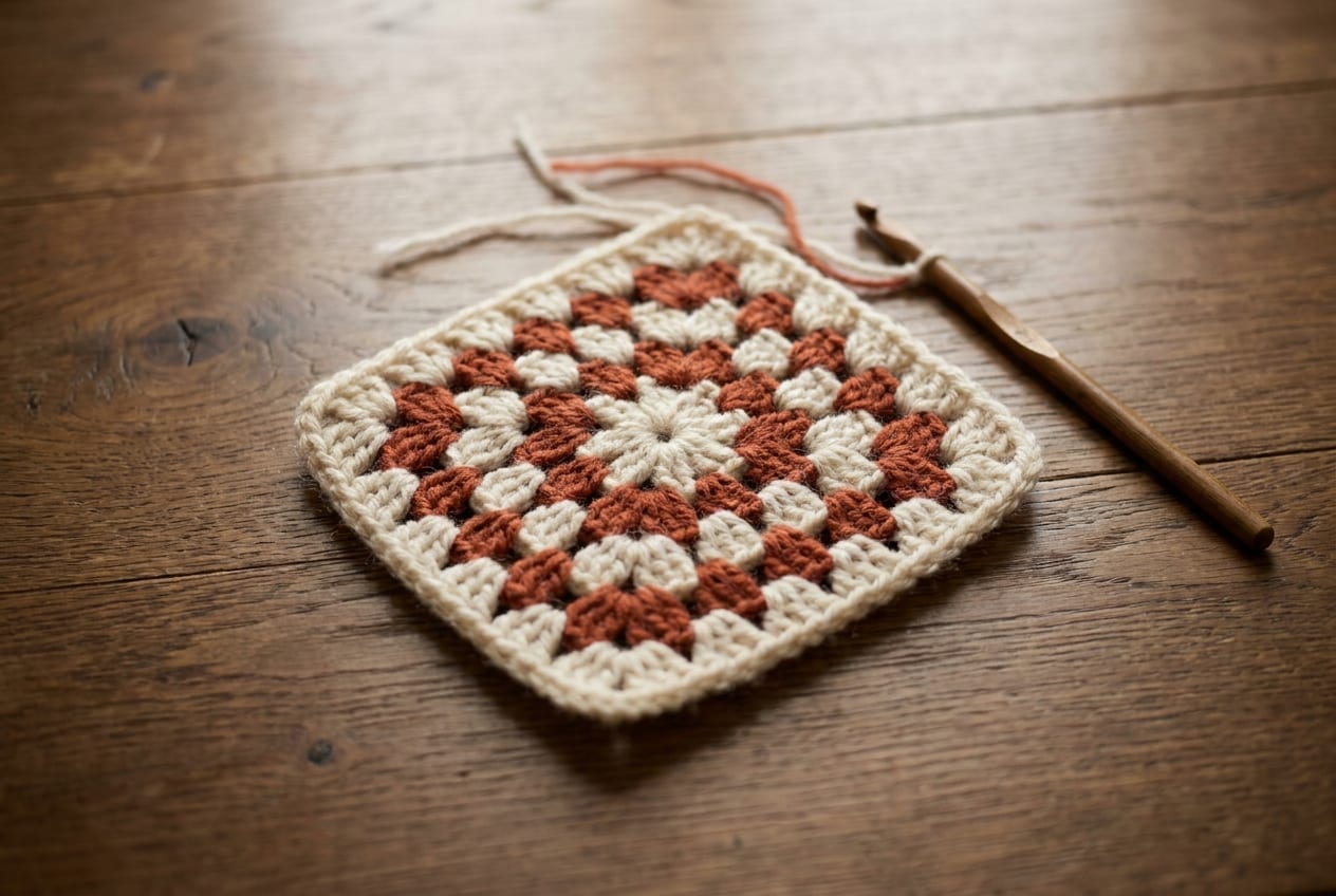 A single classic granny square crocheted in cream and terracotta resting on a warm oak table.