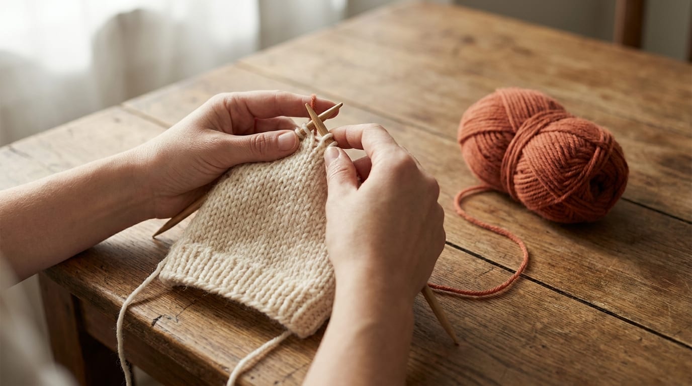 A pair of hands holding two wooden knitting needles mid-stitch, working on a half-knit cream swatch, with a terracotta ball of yarn resting on a warm oak table nearby.