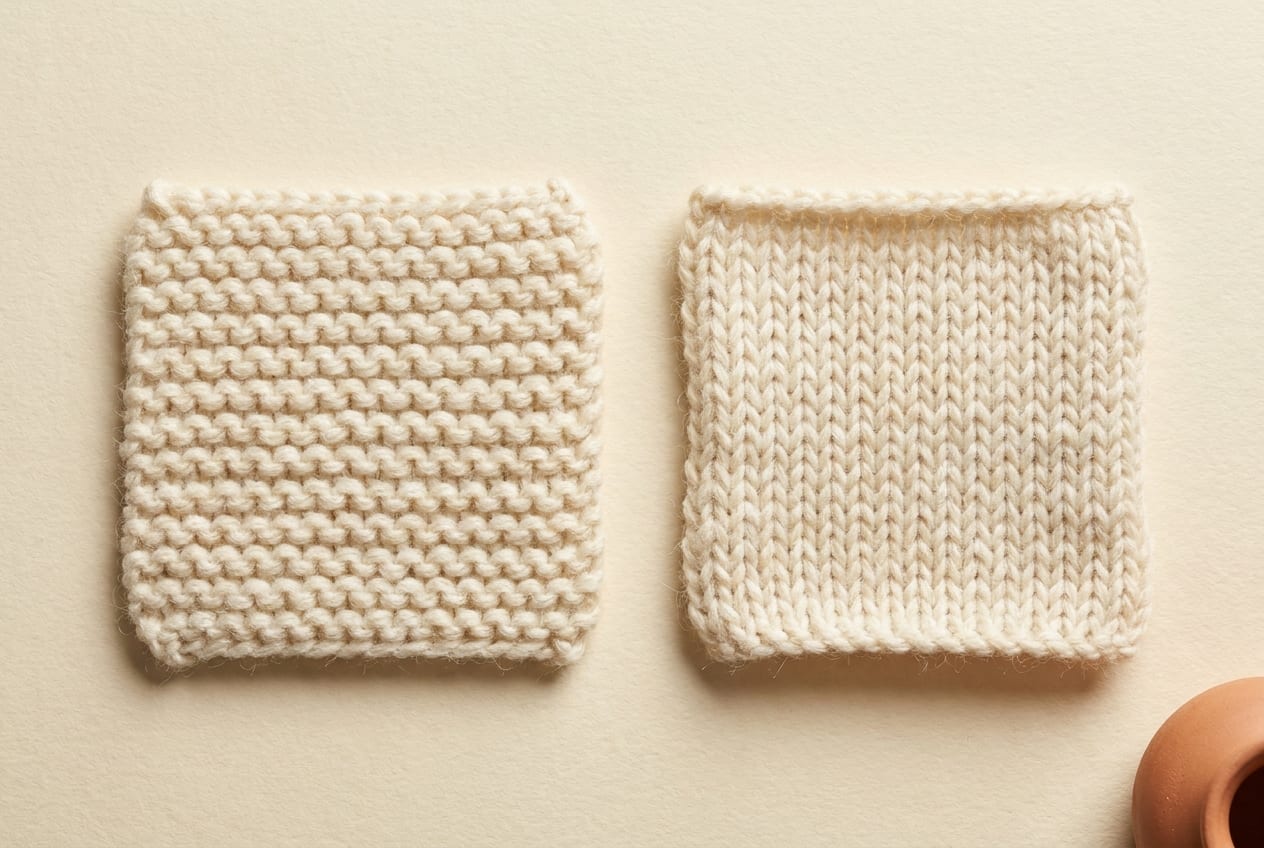 Two close-up cream knit swatches side by side: bumpy garter stitch from the knit stitch on the left, and smooth V-shaped stockinette from alternating knit and purl on the right.