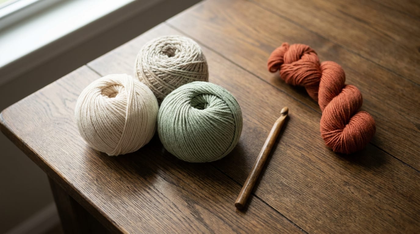 Three balls of smooth light worsted yarn in cream, oatmeal, and soft sage resting on a warm oak table beside a single wooden crochet hook.