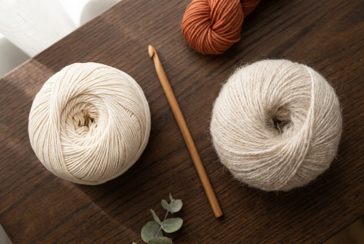 A ball of smooth cream cotton yarn beside a ball of smooth pale acrylic yarn on a warm oak table, with a wooden crochet hook resting between them.