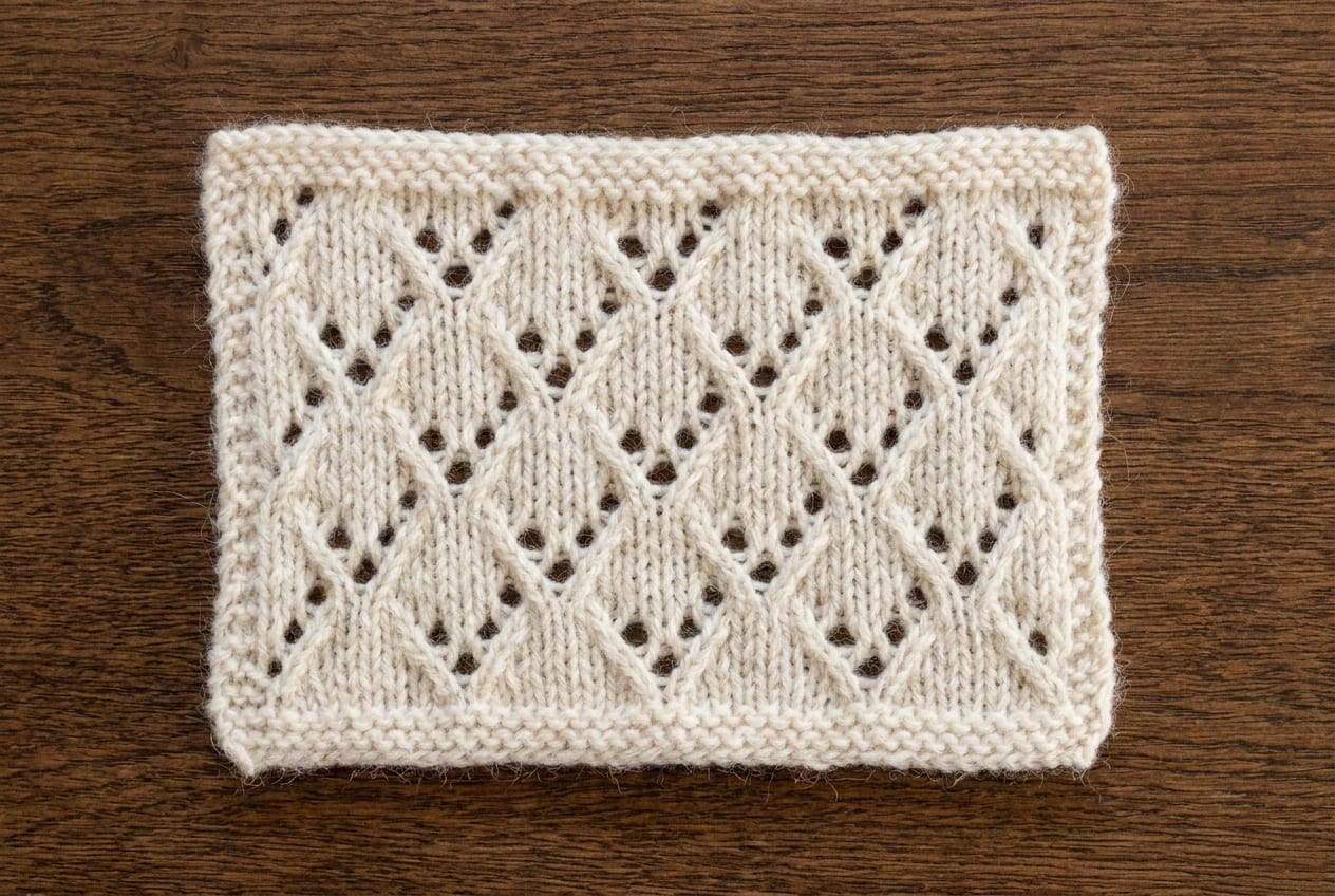 A small cream lace swatch showing a repeating pattern of eyelets formed by yarn overs and decreases.