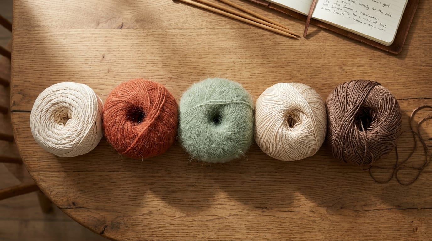 Five different yarn balls in cream, terracotta, sage, and oak tones lined up side by side on a warm wooden table for comparison.