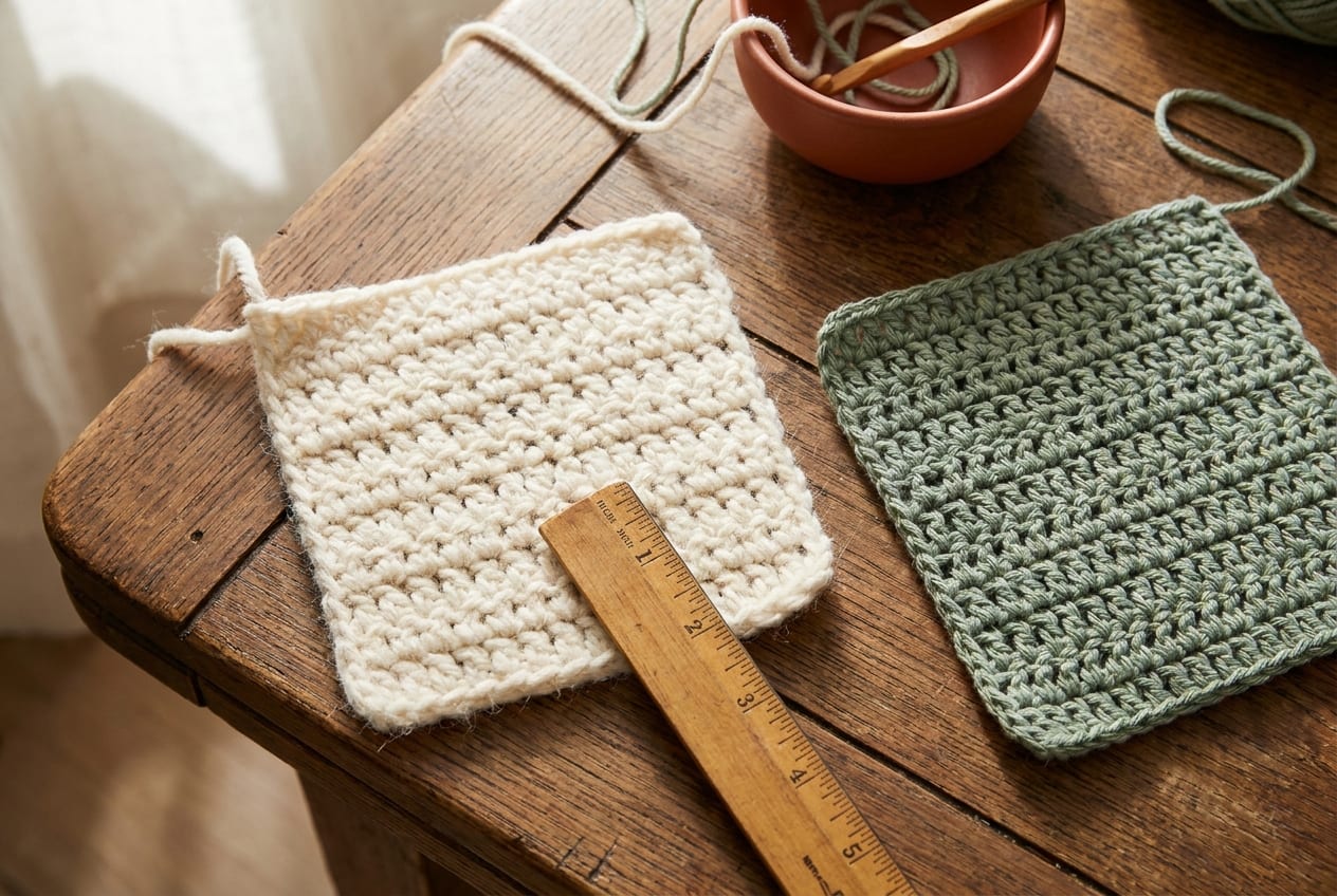 Two crochet gauge swatches in cream and sage yarn laid on a wooden table with a small ruler measuring four inches across the stitches.